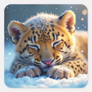 Fantasy Niedlich Winter Baby Leopard Quadratischer Aufkleber