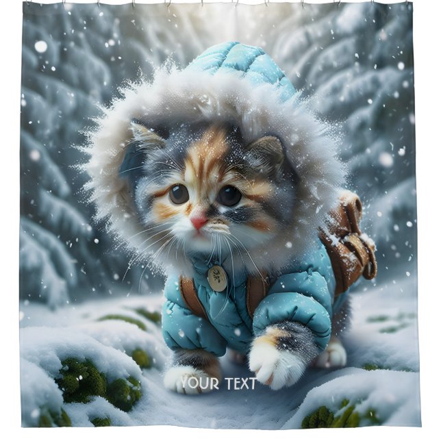 Fantasy Niedlich Winter Kitten Schnee Duschvorhang (Vorderseite)