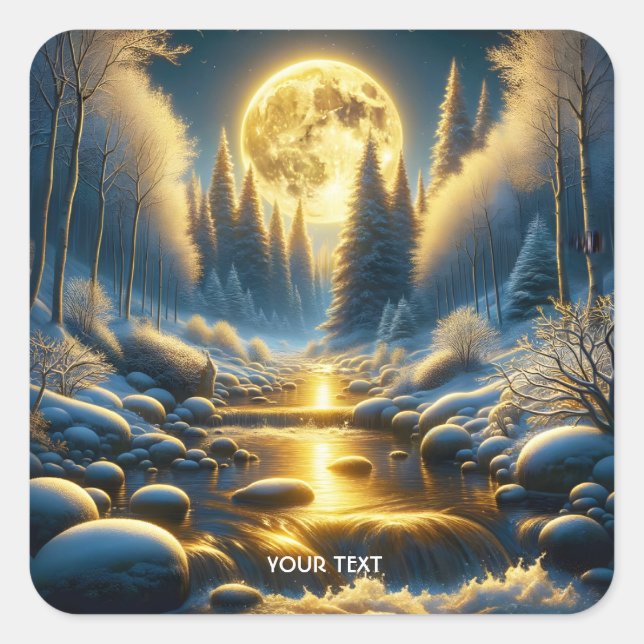 Fantasy Niedlich Winter Moon River Quadratischer Aufkleber (Vorderseite)
