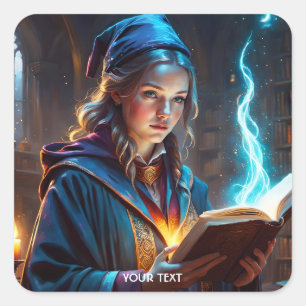 Fantasy Niedlich Wizard Girl Book Quadratischer Aufkleber