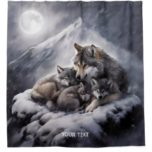 Fantasy Niedlich Wolf Family Winter Duschvorhang (Vorderseite)