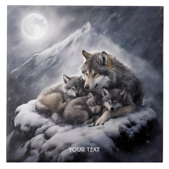 Fantasy Niedlich Wolf Family Winter Fliese (Vorderseite)
