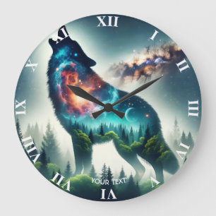 Fantasy Niedlich Wolf Forest Space Große Wanduhr