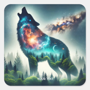 Fantasy Niedlich Wolf Forest Space Quadratischer Aufkleber