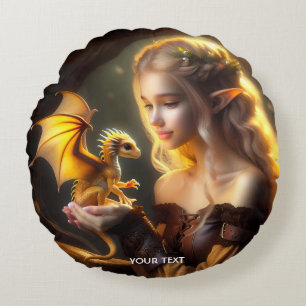 Fantasy Niedlich Yellow Baby Dragon Rundes Kissen