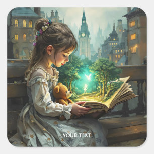 Fantasy Niedlich Young Girl Reading Quadratischer Aufkleber