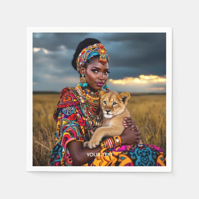 Fantasy Niedliche Afrikanerin Löwe Serviette (Vorderseite)