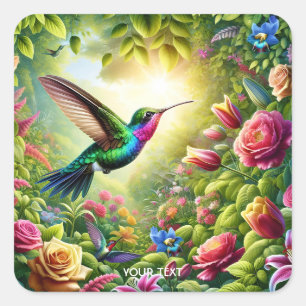 Fantasy Niedliche Blume Rainbow Hummingbird Quadratischer Aufkleber