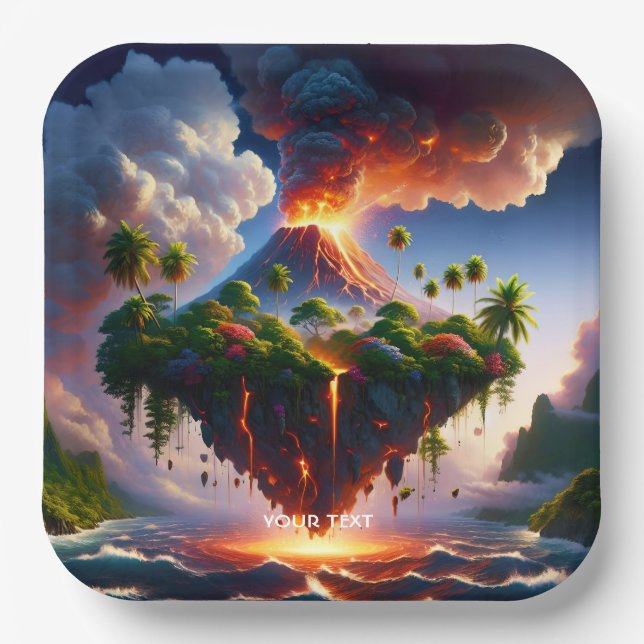 Fantasy Niedliche Insel mit Vulkan Pappteller (Vorderseite)