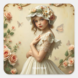 Fantasy Niedliche Viktorianische Girl-Blume Quadratischer Aufkleber