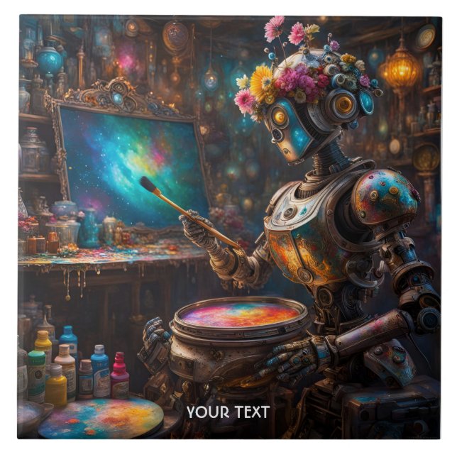Fantasy Niedlicher Vivid Roboter mit Pinsel Fliese (Vorderseite)