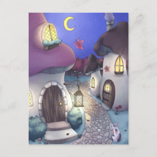 Fantasy Nighttime Mushroom Village Illustration Postkarte