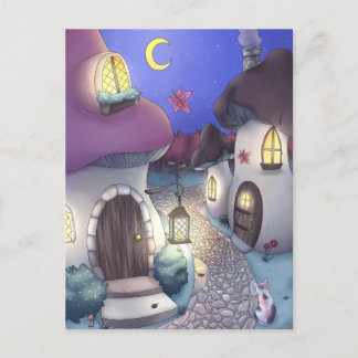 Fantasy Nighttime Mushroom Village Illustration Postkarte