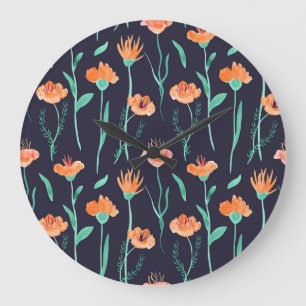 Fantasy Orange Blume: Watercolor Dunkle Muster. Große Wanduhr