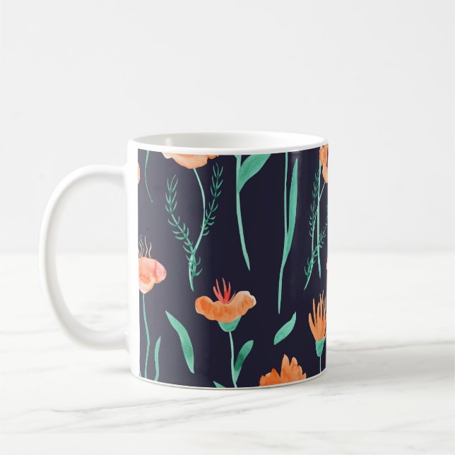 Fantasy Orange Blume: Watercolor Dunkle Muster. Kaffeetasse (Links)