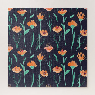 Fantasy Orange Blume: Watercolor Dunkle Muster. Puzzle