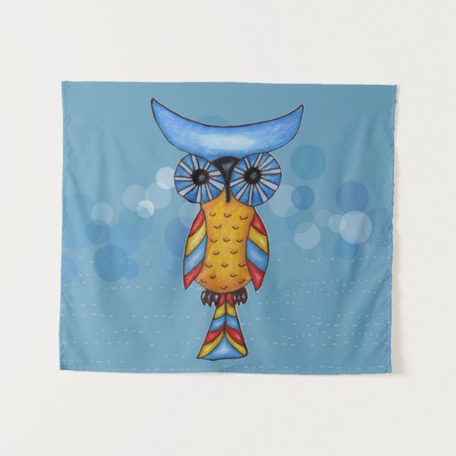 Fantasy Owl farbige Federn Blue Head Eyes Wandteppich (Vorderseite (Horizontal))