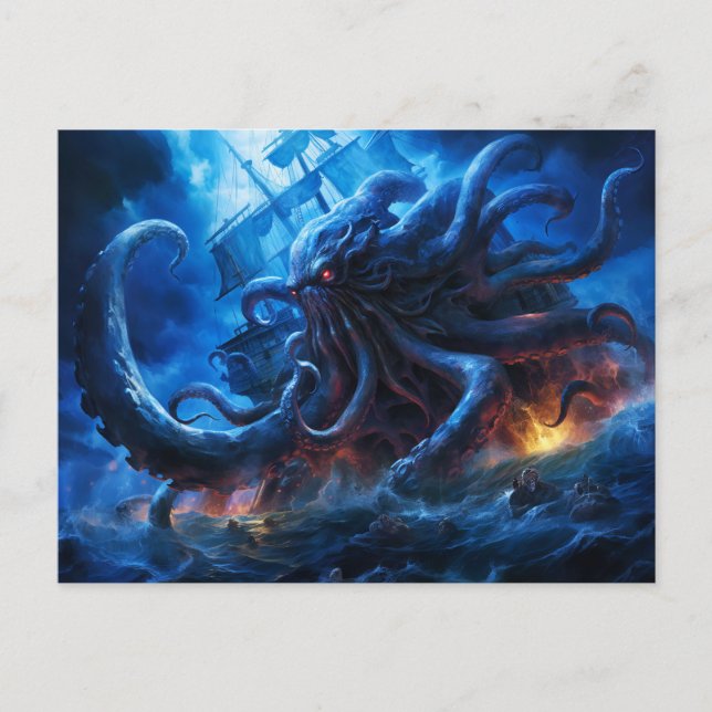 Fantasy Painting Kraken Attacking Ship at Sea Postkarte (Vorderseite)
