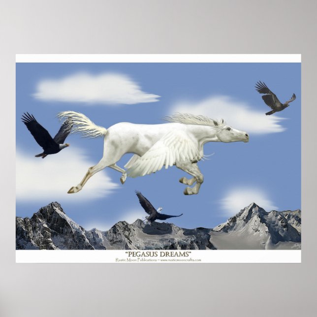 Fantasy Pegasus Fliegendes Pferd und Adlergebirge Poster (Vorne)