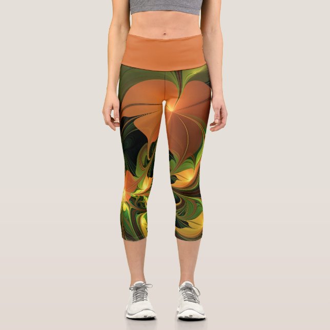 Fantasy-Pflanze Abstrakt Grünes Rost-Braun-Fraktal Capri Leggings (Vorderseite)
