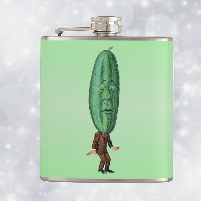 Fantasy Pickle Man Brown Anzug Flachmann (silly man in brown suit big green pickle head with face on light green drinking flask.)