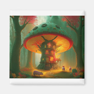 Fantasy-Pilzbaumhaus mit Schweinen Magnet