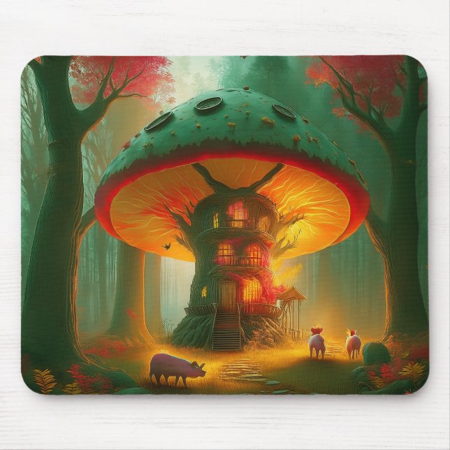 Fantasy-Pilzbaumhaus mit Schweinen Mousepad (Vorne)