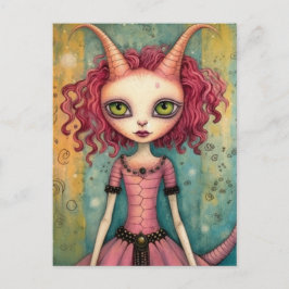 Fantasy Pink Cat Alien Woman Mixed Media Postkarte