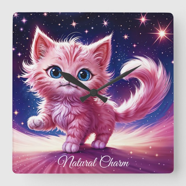 Fantasy pink flauschig kitten hellblaue Augen Kuns Quadratische Wanduhr (Vorderseite)
