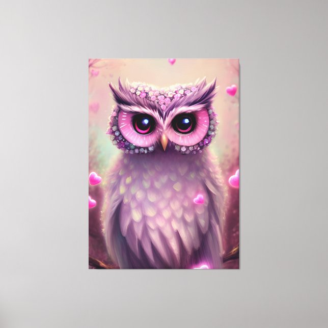 Fantasy Pink Fluffy Kawaii Owl Leinwanddruck (Vorderseite)