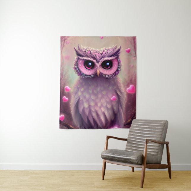 Fantasy Pink Fluffy Kawaii Owl Wandteppich (Beispiel)