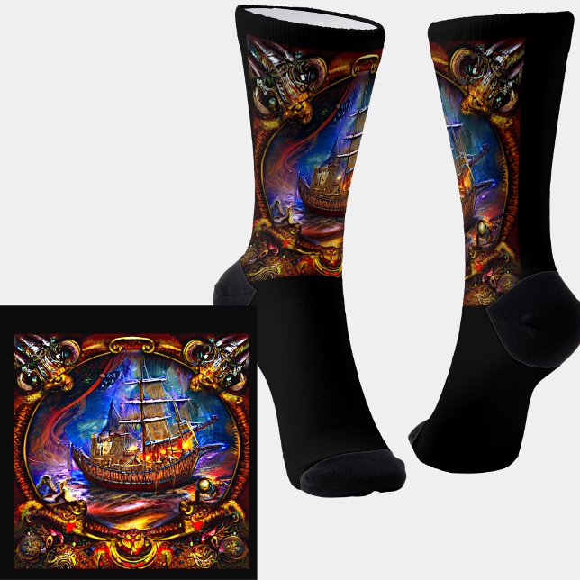 Fantasy Pirate Ship Under Attack through Porthole Socken (Von Creator hochgeladen)