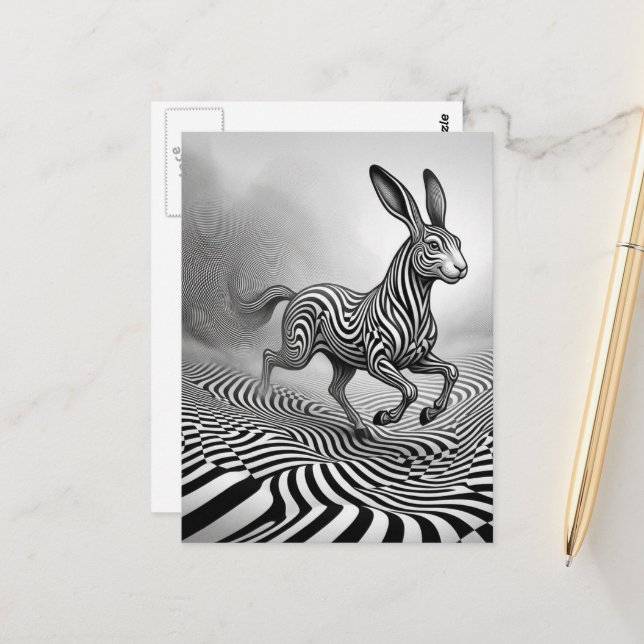Fantasy Rabbit Horse Critter Black an White Op art Postkarte (Vorderseite/Rückseite Beispiel)
