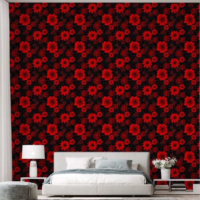Fantasy Red and Black Dschungel Floral Tapete (Schlafzimmer)