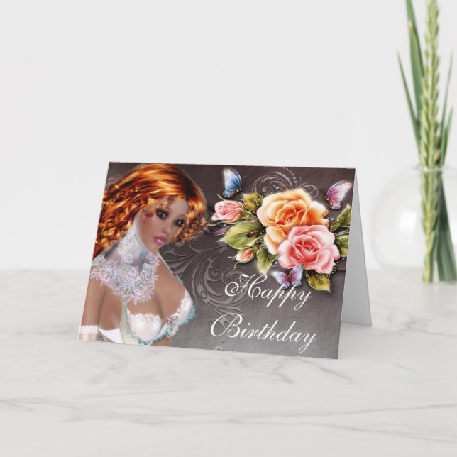 Fantasy Redhead mit Rose Geburtstagkarte 2 Karte (Vorderseite)