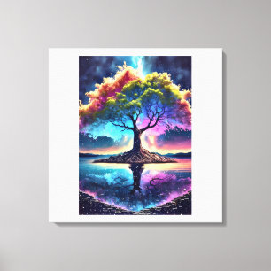 Fantasy-Regenbogenbaum auf einer Insel – Leuchtend Leinwanddruck