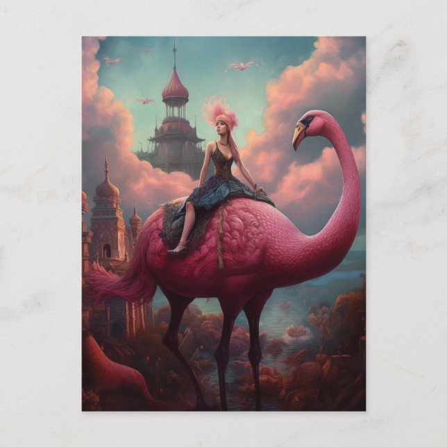 Fantasy Ride auf einem Riesenrosa Flamingo Postkarte (Vorderseite)