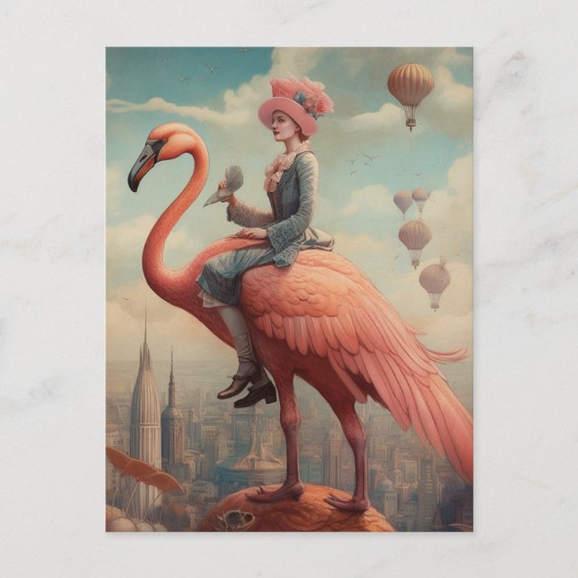 Fantasy Ride auf einem rosa Flamingo Postkarte (Vorderseite)