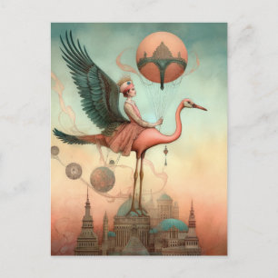 Fantasy Ride auf einem rosa Flamingo Postkarte