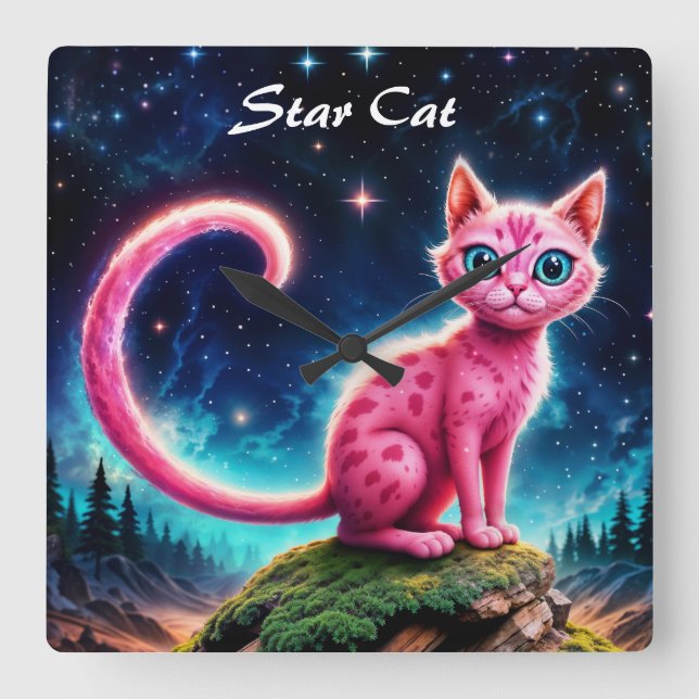 Fantasy-Rosa-Katze in magisch sterndem Nachtwald Quadratische Wanduhr (Vorderseite)