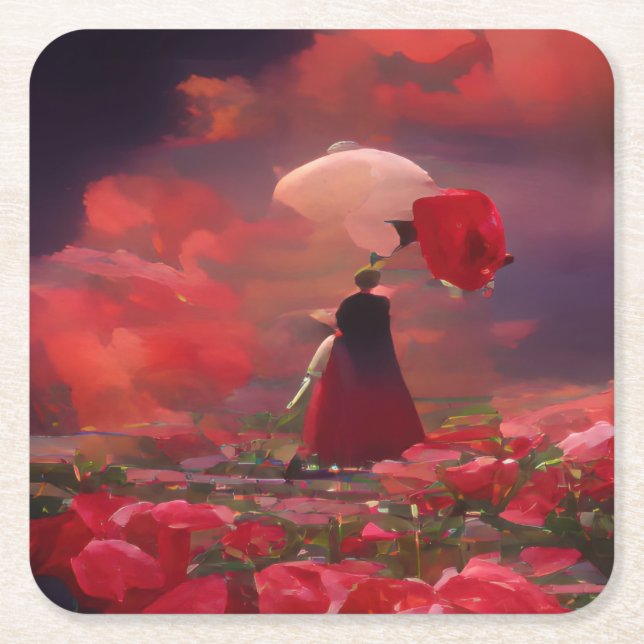 Fantasy Rose Field Under Sky Rechteckiger Pappuntersetzer (Vorderseite)
