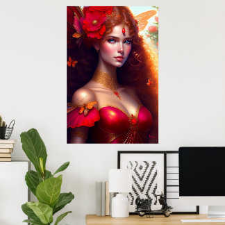 Fantasy-Rote Fee rote Blumen Poster