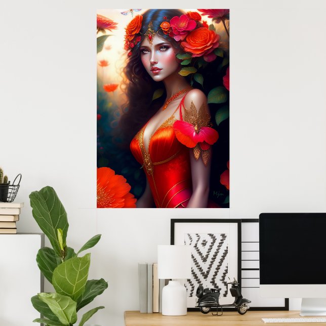 Fantasy-Rote Fee rote Blumen Poster (Heimbüro)