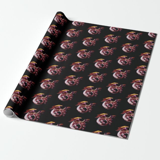 Fantasy Ruby Red Dragon Wrapping Paper Black Geschenkpapier (Ungerollt)
