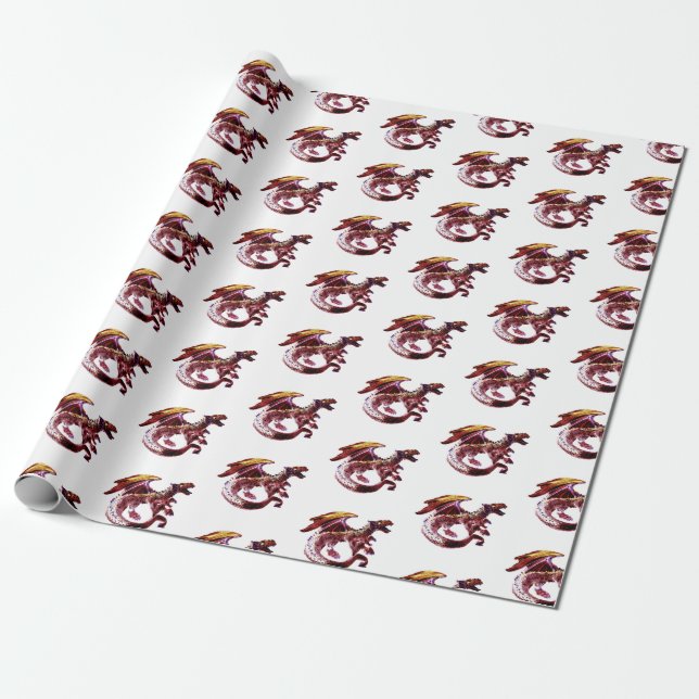 Fantasy Ruby Red Dragon Wrapping Paper White Geschenkpapier (Ungerollt)