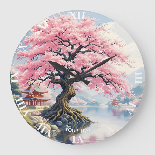 Fantasy Sakura Tempel Lake Große Wanduhr (Vorderseite)