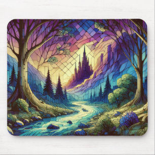 Fantasy-Schloss mit verzaubertem Wald und Fluss Mousepad