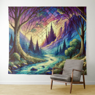 Fantasy-Schloss mit verzaubertem Wald und Fluss Wandteppich