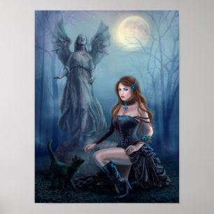 Fantasy Schöne Frau mit schwarzer Katze Poster