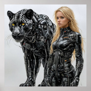 🐾 Fantasy Schwarzer Panther und Frau Mythischer D Poster